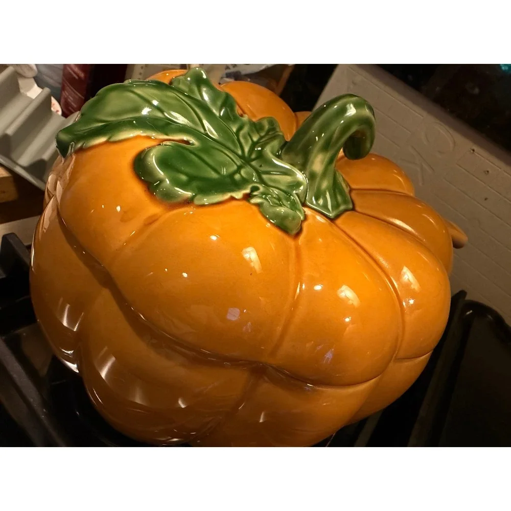 Pier 1 Harvest Gold Ceramic Pumpkin Soup Tureen with Lid and Ladle